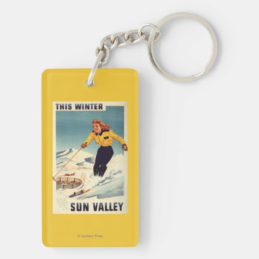 Porte-clés affiche de sourire et de ski de femme (Dos)