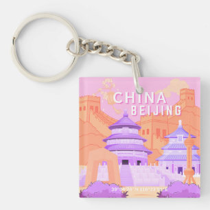 Porte-clés Affiche de voyage à Pékin Chine   Art rose et lava