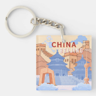 Porte-clés Affiche de voyage à Pékin Chine   Pastel Bleu & Pê
