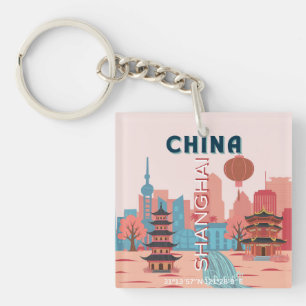 Porte-clés Affiche rétro vintage de voyage à Shanghai Chine