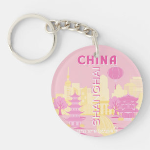 Porte-clés Affiche rose de voyage à Shanghai Chine