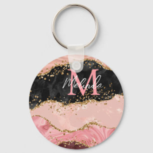 Porte-clés Agate à paillettes noires et roses