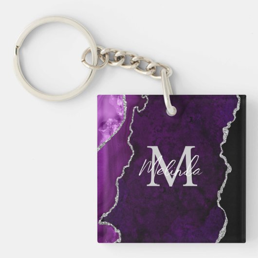 Porte-clés Agate de marbre violet et argenté (Devant)
