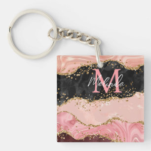 Porte-clés Agate sequins noir et rose