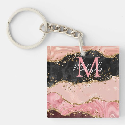 Porte-clés Agate sequins noir et rose (Devant)