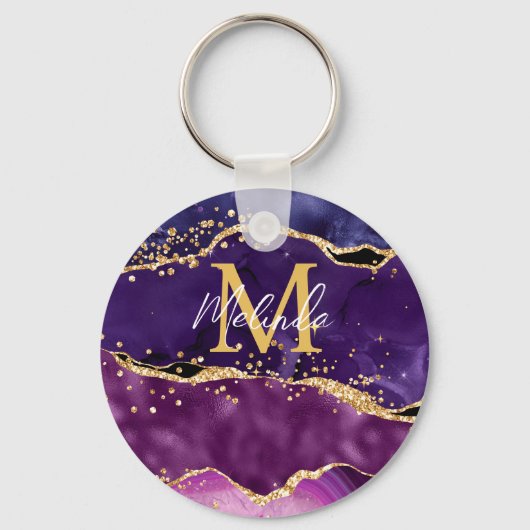 Porte-clés Agate Sequins Pailletés Or et Violet Foncé (Recto)