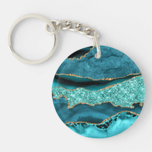 Porte-clés Agate Turquoise Bleu Or Paillettes Marbre Aqua Tur