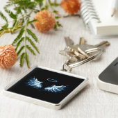 Porte-clés Ailes d'ange lumineuses bleues sur fond noir (Côté)