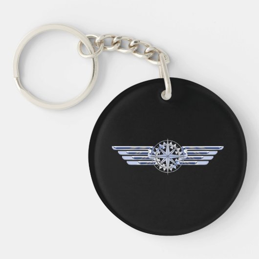 Porte-clés Air Pilote Chrome comme ailes Compass sur noir (Devant)