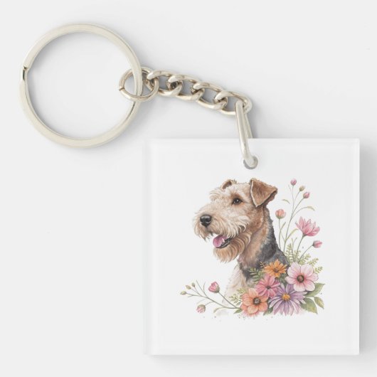 Porte-clés Airedale Terrier avec des fleurs (Devant)