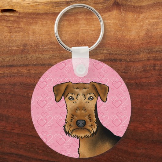 Porte-clés Airedale Terrier Cute Chien Tête Sur Coeurs Rose (Recto)