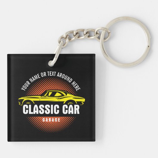 Porte-clés Ajouter un nom Texte Jaune voiture classique (Dos)
