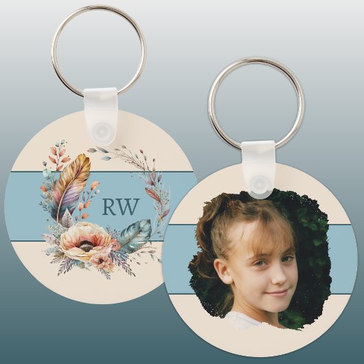 Porte-clés Ajouter une photo florale initiale bleue
