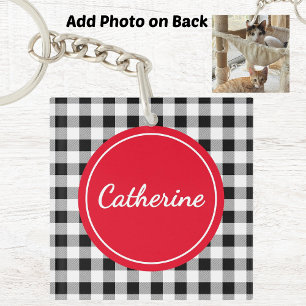 Porte-clés Ajouter une photo, nom Buffalo Check rouge acryliq