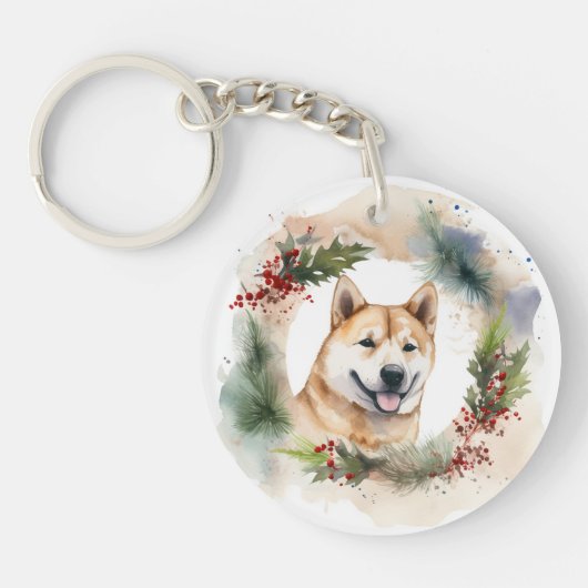 Porte-clés Akita Christmas Wreath Festive Pup (Devant)