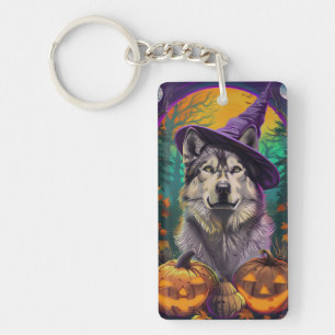 Porte-clés Alaskan Malamute Halloween sorcière et Citrouille
