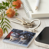 Porte-clés Alaskien Malamute Snowy Sleigh Ride Noël (Devant Droit)