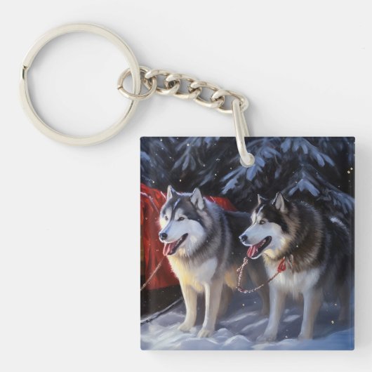 Porte-clés Alaskien Malamute Snowy Sleigh Ride Noël (Devant)