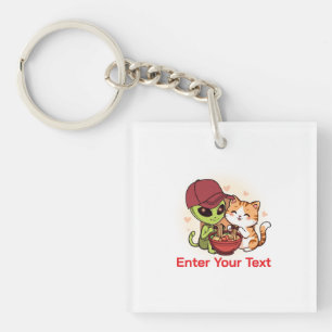Porte-clés Alien & Chat Partageant Ramen Kawaii Art