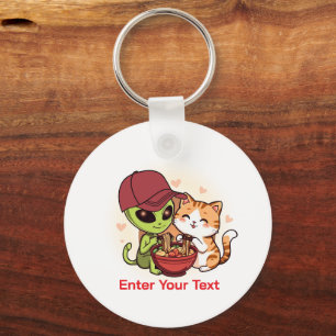 Porte-clés Alien & Chat Partageant un Ramen Kawaii Art