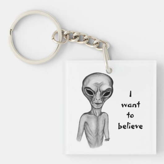 Porte-clés Alien gris, je veux croire (Devant)