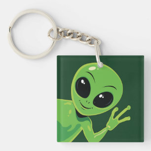 Porte-clés Alien vert qui fait signe de la main, dessin animé