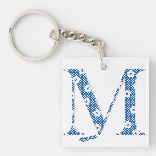 Porte-clés alphabet fleuri M (bleu et points) (Devant)