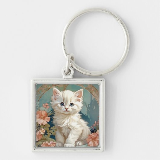 Porte-clés Alphonse Mucha Style Chat blanc (Devant)