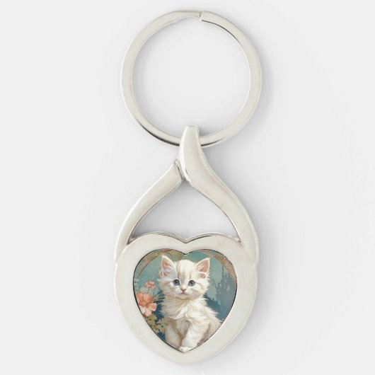 Porte-clés Alphonse Mucha Style Chat blanc (Devant)