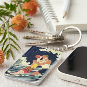 Porte-clés Amants Art Déco vintage s'embrassant dans les vagu