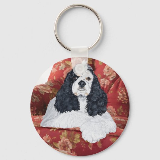 Porte-clés American Cocker Spaniel sur Chaise Rouge (Recto)