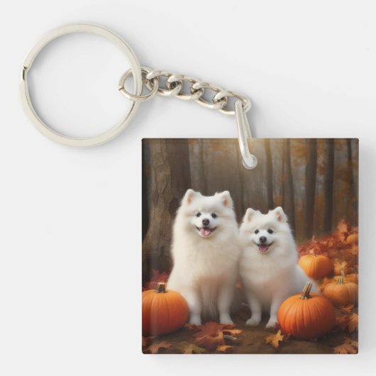 Porte-clés American Eskimo Chiot Automne Citrouille délice (Devant)