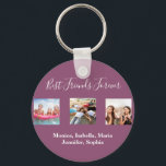 Porte-clés Amis pour toujours BFF nom photo violet<br><div class="desc">Un cadeau pour votre(vos) meilleur(s) ami(s) pour les anniversaires,  Noël ou un événement spécial. Texte blanc : Best Friends Forever,  écrit avec un script de style à la main tendance. Personnalisez et utilisez vos propres photos et noms. Arrière - plan violet,  couleur prune.</div>