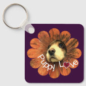 Porte-clés Amour de chiot sortant d'une fleur (Recto)