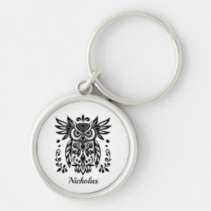 Porte-clés Amoureux de hiboux Rustique Bois Noir Blanc Bohème