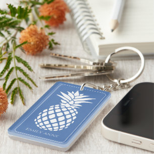 Porte-clés Ananas blanc chic sur fond bleu