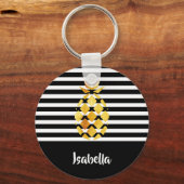 Porte-clés Ananas en or rayé noir et blanc avec nom (Recto)
