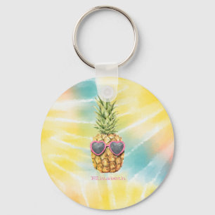 Porte-clés Ananas Frais, Tie-Dye Arc-en-Ciel Aquarelle