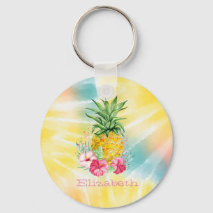 Porte-clés Ananas, Hibiscus aquarelle Rainbow Tie Dye