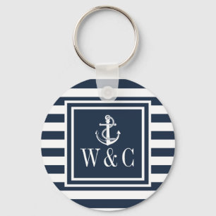 Porte-clés Ancre de bateau rayée bleu marine Monogramme