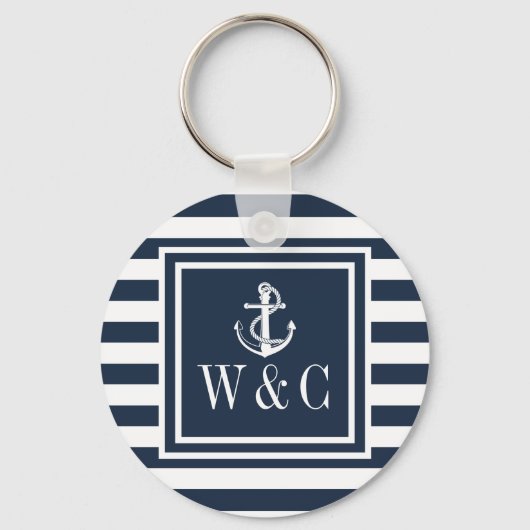 Porte-clés Ancre de bateau rayée bleu marine Monogramme (Recto)