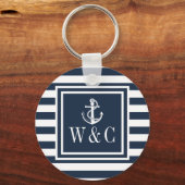 Porte-clés Ancre de bateau rayée bleu marine Monogramme (Verso)
