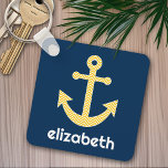 Porte-clés Ancre nautique avec Motif de Navy Jaune Chevron<br><div class="desc">Motif tendance et preppy - Un design classique et élégant avec des chevrons et un espace pour ajouter votre nom ou monogramme.</div>