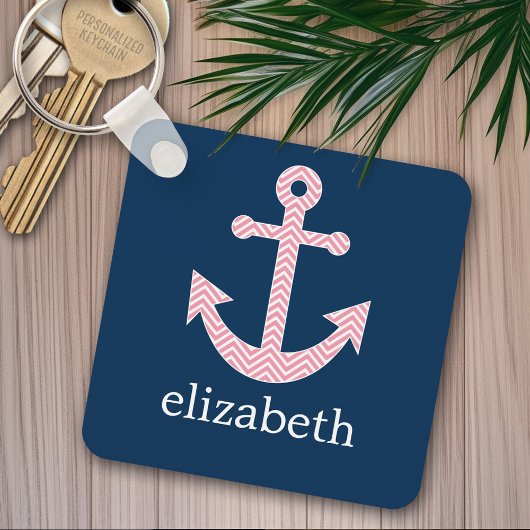 Porte-clés Ancre nautique avec Motif Navy Pink Chevron