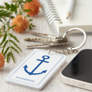 Porte-clés Ancre nautique bleu et blanc simple Personnalisée