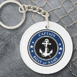 Porte-clés Ancre nautique et corde Nom du capitaine ou du bat<br><div class="desc">Un porte - clé acrylique 2 faces sur le thème nautique personnalisé avec "Capitaine" (ou autre titre ou rang désiré) et votre nom, nom du bateau ou autre texte au besoin. Ce design unique présente une ancre de bateau vintage sur mesure avec une corde et des étoiles accentuées de noir...</div>