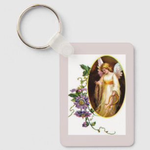 Porte-clés Ange avec harpe et fleurs de clématite