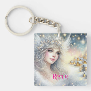 Porte-clés Ange de neige de givre éthéré aquarelle blanche fe