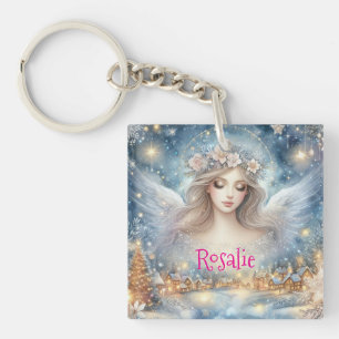 Porte-clés Ange de neige de givre éthérée aquarelle bleue fes