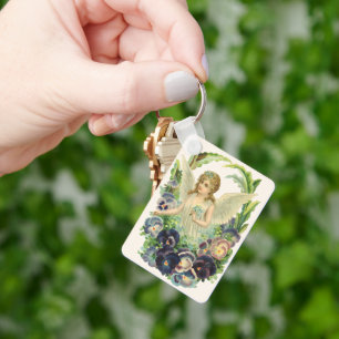 Porte-clés Ange de Pâques victorien avec Fleurs de Pansy Viol